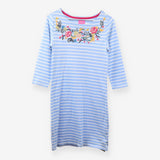 Blue Stripe Cotton Midi Dress Floral Bee Embroider