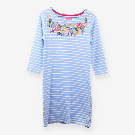 Blue Stripe Cotton Midi Dress Floral Bee Embroider