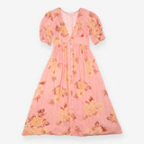 Midi Dress Coral Floral Button Front Puff Sleeve