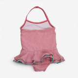 Swimsuit red and white stripe with blue pom poms