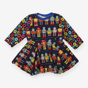 Homemade Dress Long Sleeved Navy Happy Robots