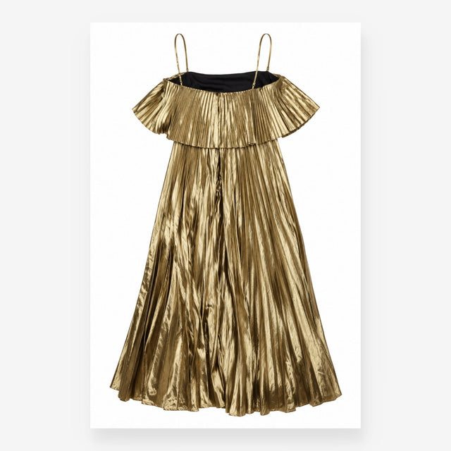 Midi Dress Gold Metallic Pleated Ruffle Spaghetti 