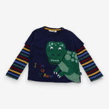 Stripe sleeve i am a t-rex peekaboo navy t-shirt