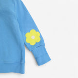 Sweater blue bee applique with flower elbows
