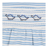 Sleepsuit blue white stripe smocking dino collar