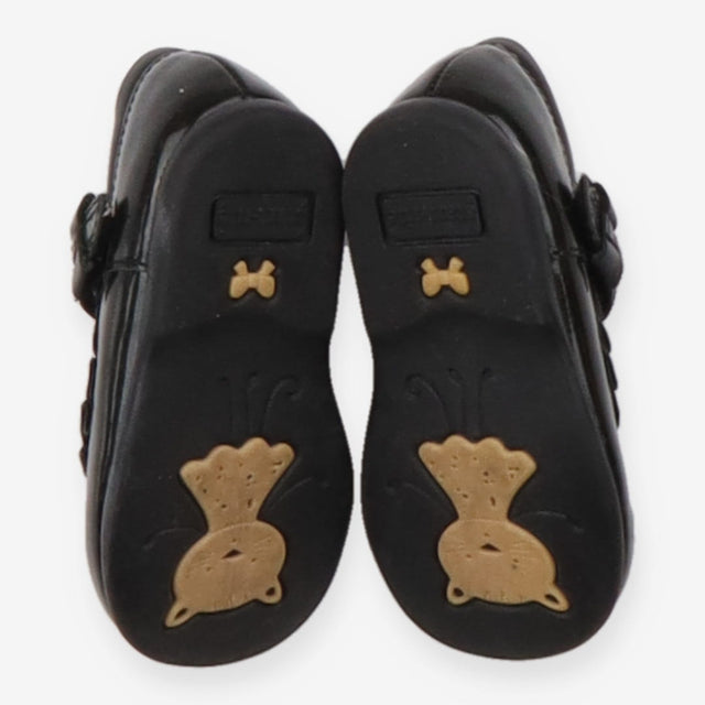 Shoes black patent frill bow to strap