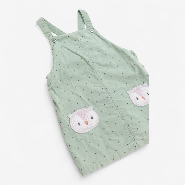 Dungaree dress corded mint green with owl applique