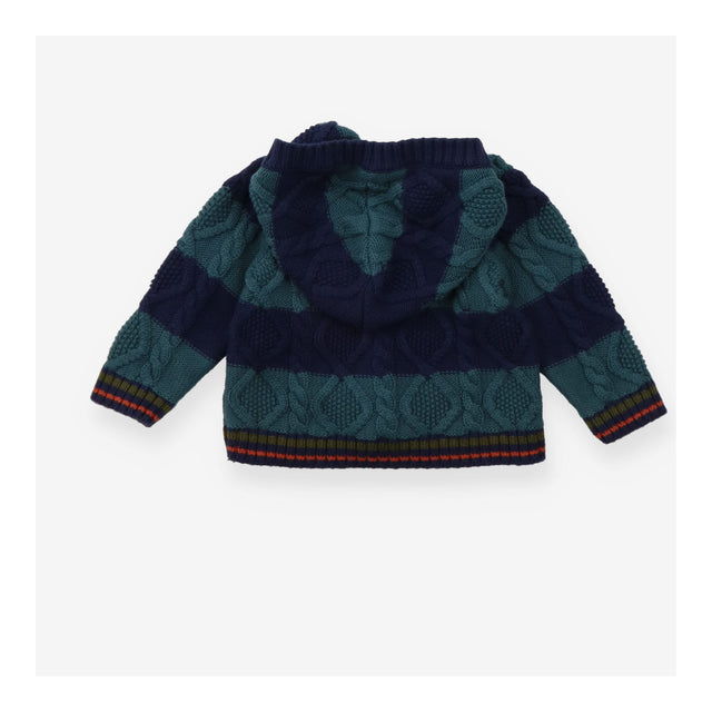 Cardigan Hooded Cable Knit  Blue and Green Stripe