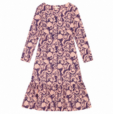 Dress Midi Long Sleeve Cotton Paisley Floral Navy 