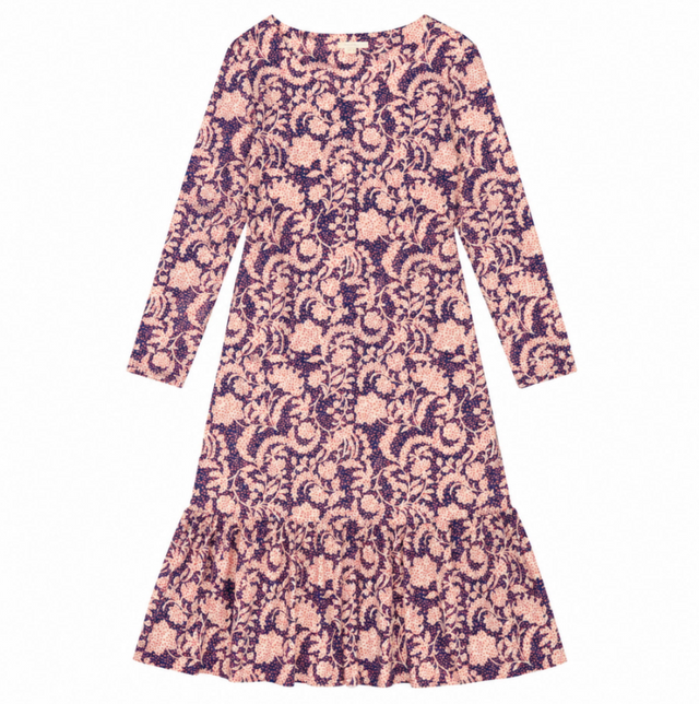 Dress Midi Long Sleeve Cotton Paisley Floral Navy 