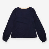 Navy Cotton V Neck Top With Mustard Trim