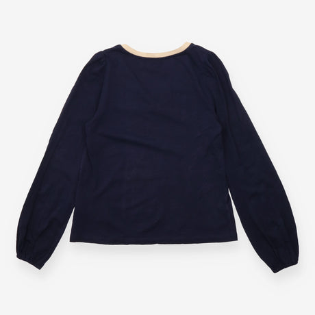 Navy Cotton V Neck Top With Mustard Trim
