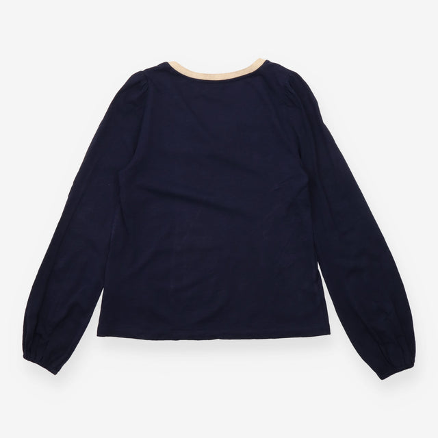 Navy Cotton V Neck Top With Mustard Trim