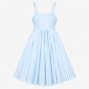 Dress Light Blue White Stripe Cotton Linen Midi Sl
