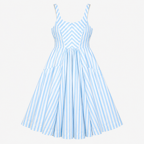 Dress Light Blue White Stripe Cotton Linen Midi Sl