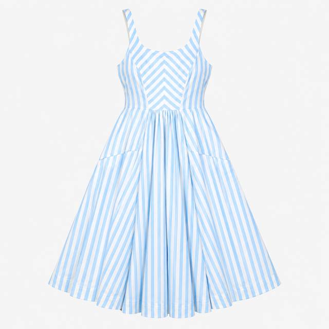 Dress Light Blue White Stripe Cotton Linen Midi Sl