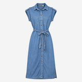 Dress Denim Belted Short Sleeve Midi Light Blue