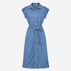 Dress Denim Belted Short Sleeve Midi Light Blue