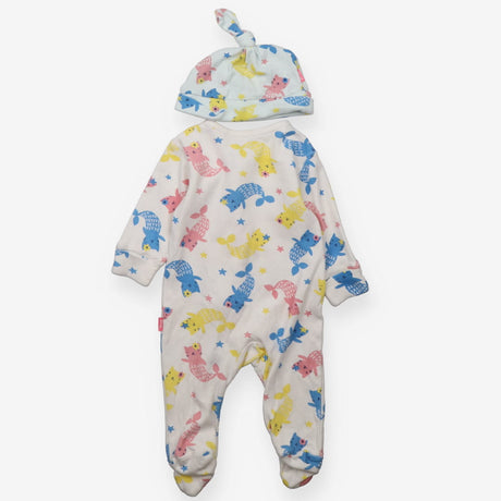 Sleepsuit and hat white cat-mermaids colourful