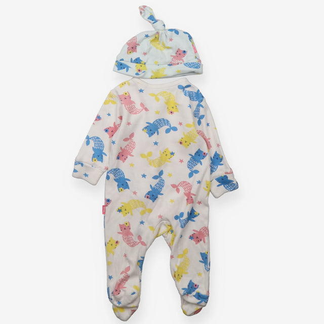 Sleepsuit and hat white cat-mermaids colourful