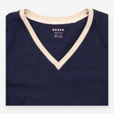Navy Cotton V Neck Top With Mustard Trim