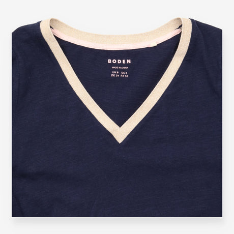 Navy Cotton V Neck Top With Mustard Trim