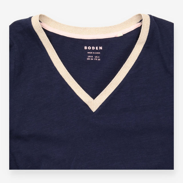Navy Cotton V Neck Top With Mustard Trim