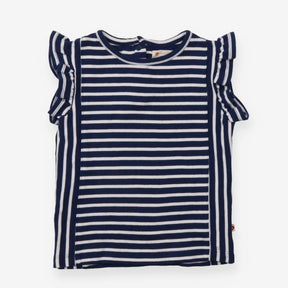 Tee SS navy blue white stripe frill sleeve