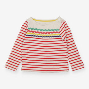 Tee LS red white stripe coloured rick rack stripes