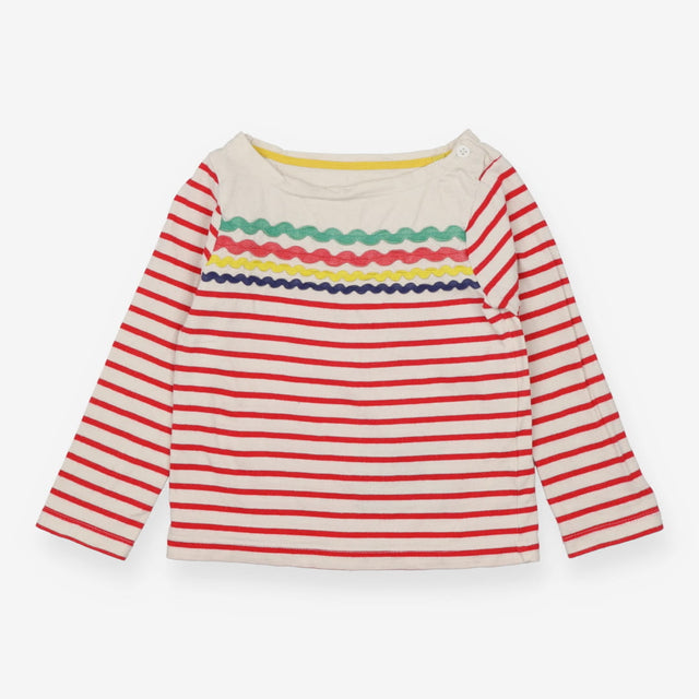 Tee LS red white stripe coloured rick rack stripes