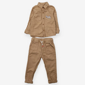 Brown denim outfit with digger applique