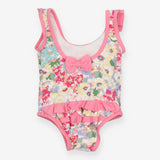 Swimsuit white floral pink edging and frill