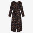 Black Tan Abstract Print Long Sleeve Wrap Midi Dre