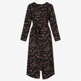 Black Tan Abstract Print Long Sleeve Wrap Midi Dre