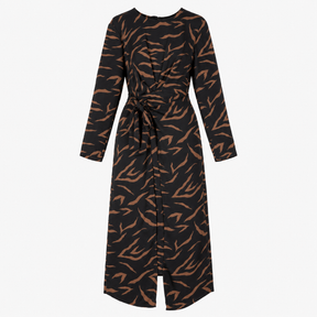 Black Tan Abstract Print Long Sleeve Wrap Midi Dre