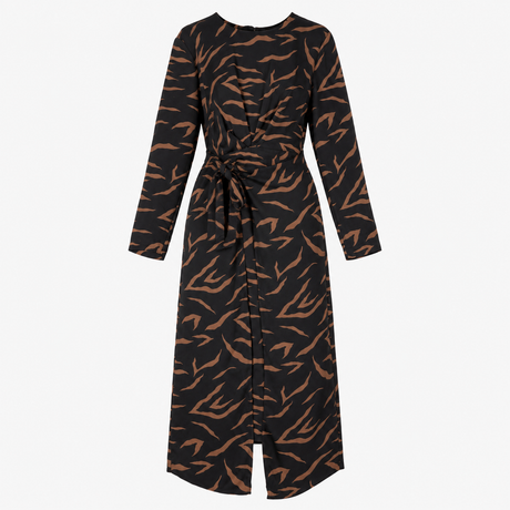 Black Tan Abstract Print Long Sleeve Wrap Midi Dre