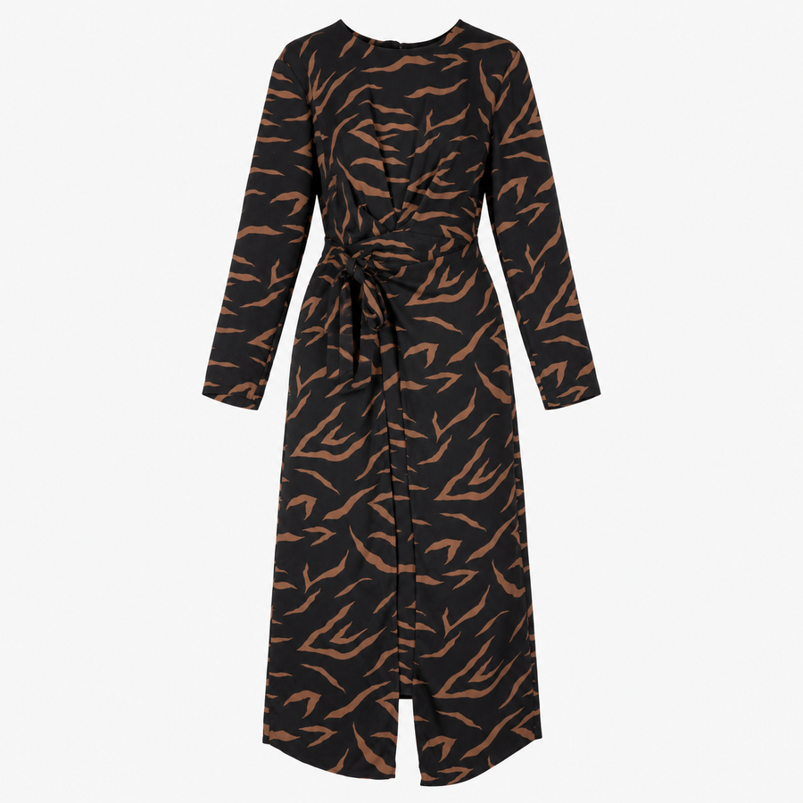 Black Tan Abstract Print Long Sleeve Wrap Midi Dre