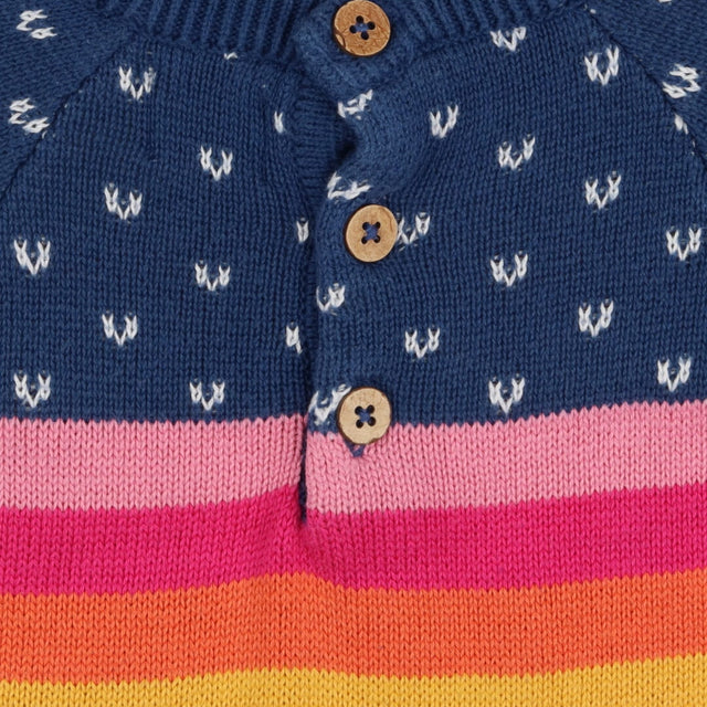 Dress knitted blue white V rainbow chest