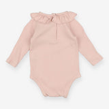 Long sleeve light pink rib frill neck bodysuit