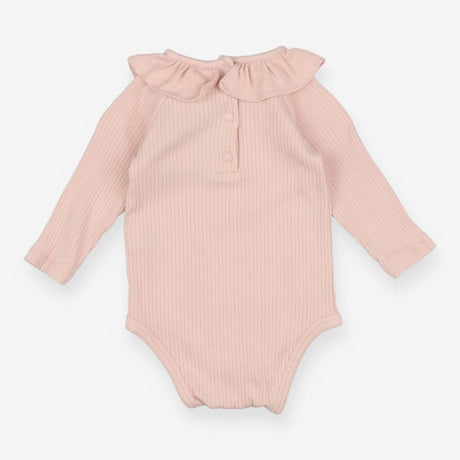Long sleeve light pink rib frill neck bodysuit