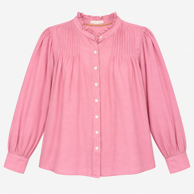 Pintuck Blouse in Mid Pink with Ruffled Collar