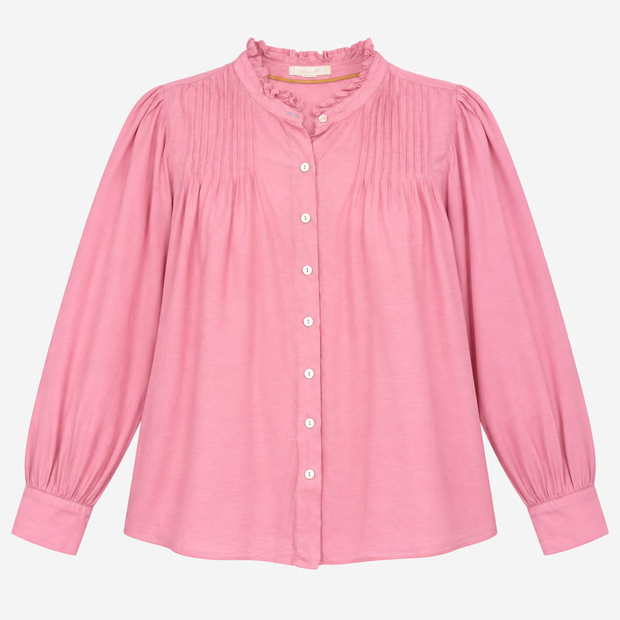 Pintuck Blouse in Mid Pink with Ruffled Collar