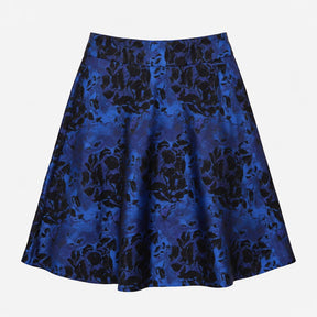 Skirt Cobalt Blue Black Floral Jacquard A-Line Kne