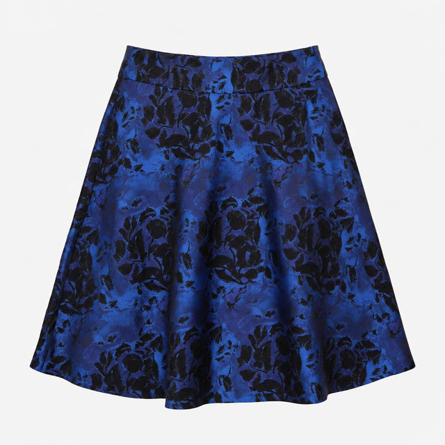 Skirt Cobalt Blue Black Floral Jacquard A-Line Kne