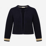 Cardigan Open Front Textured Metallic Trim Navy