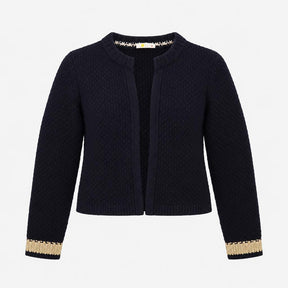 Cardigan Open Front Textured Metallic Trim Navy