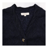 Navy Textured Leaf Knit V Neck Wool Blend Cardigan