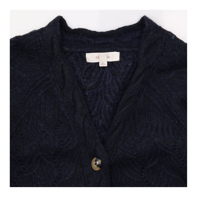 Navy Textured Leaf Knit V Neck Wool Blend Cardigan