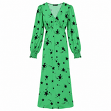 Midi Dress Green Viscose Star Print V Neck Long