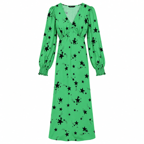 Midi Dress Green Viscose Star Print V Neck Long